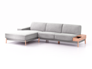 Lounge-Sofa Alani Liegeteil inkl. fixer Armlehne links, 179x300x82 cm, Sitzhöhe 44 cm, Buche, mit Bezug Wollstoff Kaland Kiesel