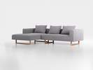 Lounge-Sofa Sereno inkl. 3 Kissen (70x55 cm), B 297 x T 180 cm, Liegeteil links, Kufenfuß, mit Bezug Wollstoff Kaland Kiesel (68), Eiche