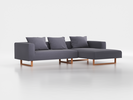 Lounge-Sofa Sereno inkl. 3 Kissen (70x55 cm), B 297 x T 180 cm, Liegeteil rechts, Kufenfuß, mit Bezug Wollstoff Elverum Torfblau (82), Buche