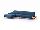 Lounge-Sofa Alani Liegeteil inkl. fixer Armlehne links, 179x340x82 cm, Sitzhöhe 44 cm, Buche, mit Bezug Wollstoff Elverum Ozean