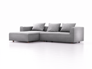 Lounge-Sofa Sereno, bodennah, B297xT180xH71 cm, Sitzhöhe 43 cm, mit Liegeteil links inkl. 3 Kissen (70x55 cm), Buche, Wollstoff Stavang Kiesel