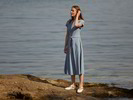 Kleid-Leinenstretch, vertikal streifen taubenblau