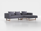 Lounge-Sofa Sereno inkl. 3 Kissen (70x55 cm), B 297 x T 180 cm, Liegeteil rechts, Kufenfuß, mit Bezug Wollstoff Elverum Torfblau (82), Eiche