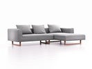 Lounge-Sofa Sereno, B297xT180xH71 cm, Sitzhöhe 43 cm, mit Liegeteil rechts inkl. 3 Kissen (70x55 cm), Kufenfuß Buche, Wollstoff Stavang Kiesel