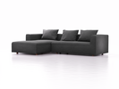 Lounge-Sofa Sereno, bodennah, B297xT180xH71 cm, Sitzhöhe 43 cm, mit Liegeteil links inkl. 3 Kissen (70x55 cm), Buche, Wollstoff Kaland Schiefer