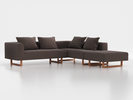 Ecksofa Sereno, 276 x 276 cm, inkl. 4 Kissen (70 x 55 cm), Liegeteil rechts, Kufenfuß, mit Bezug Wollstoff Tano Natur Dunkel (81), Buche