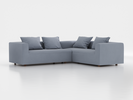 Ecksofa Sereno inkl. 4 Kissen (70x55 cm), Eckteil rechts, B 276 x T 235 cm, Bodennah, mit Bezug Wollstoff Elverum Blaugrau (83), Eiche