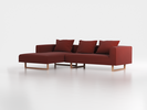 Lounge-Sofa Sereno inkl. 3 Kissen (70x55 cm), B 297 x T 180 cm, Liegeteil links, Kufenfuß, mit Bezug Wollstoff Kaland Ziegel (72), Eiche