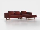 Lounge-Sofa Sereno inkl. 3 Kissen (70x55 cm), B 297 x T 180 cm, Liegeteil rechts, Kufenfuß, mit Bezug Wollstoff Kaland Ziegel (72), Eiche
