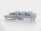 Lounge-Sofa Sereno inkl. 3 Kissen (70x55 cm), B 297 x T 180 cm, Liegeteil links, Kufenfuß, mit Bezug Wollstoff Elverum Blaugrau (83), Eiche