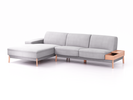 Lounge-Sofa Alani Liegeteil inkl. fixer Armlehne links, 179x300x82 cm, Sitzhöhe 44 cm, Buche, mit Bezug Wollstoff Stavang Kiesel