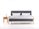 Bett Lorea mit Polsterbetthaupt, Wollstoff Stavang Stein, Buche