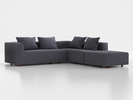 Ecksofa Sereno, 276 x 276 cm, inkl. 4 Kissen (70 x 55 cm), Liegeteil rechts, Bodennah, mit Bezug Wollstoff Elverum Torfblau (82), Eiche