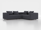 Ecksofa Sereno inkl. 4 Kissen (70x55 cm), Eckteil rechts, B 276 x T 235 cm, Bodennah, mit Bezug Wollstoff Elverum Torfblau (82), Eiche