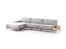 Lounge-Sofa Alani Liegeteil inkl. fixer Armlehne links, 179x340x82 cm, Sitzhöhe 44 cm, Eiche, mit Bezug Wollstoff Kaland Kiesel