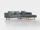 Lounge-Sofa Sereno inkl. 3 Kissen (70x55 cm), B 297 x T 180 cm, Liegeteil rechts, Kufenfuß, mit Bezug Wollstoff Elverum Grüngrau (84), Buche