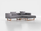 Lounge-Sofa Sereno inkl. 2 Kissen (70x55 cm), B 267 x T 180 cm, Liegeteil rechts, Kufenfuß, mit Bezug Wollstoff Kaland Kiesel (68), Buche