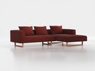 Lounge-Sofa Sereno inkl. 3 Kissen (70x55 cm), B 297 x T 180 cm, Liegeteil rechts, Kufenfuß, mit Bezug Wollstoff Kaland Ziegel (72), Buche