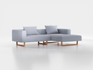 Lounge-Sofa Sereno inkl. 2 Kissen (70x55 cm), B 267 x T 180 cm, Liegeteil rechts, Kufenfuß, mit Bezug Wollstoff Elverum Blaugrau (83), Buche