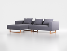 Lounge-Sofa Sereno inkl. 3 Kissen (70x55 cm), B 297 x T 180 cm, Liegeteil links, Kufenfuß, mit Bezug Wollstoff Elverum Torfblau (82), Buche