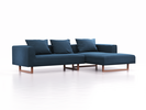 Lounge-Sofa Sereno, B297xT180xH71 cm, Sitzhöhe 43 cm, mit Liegeteil rechts inkl. 3 Kissen (70x55 cm), Kufenfuß Buche, Wollstoff Elverum Ozean