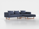 Lounge-Sofa Sereno inkl. 3 Kissen (70x55 cm), B 297 x T 180 cm, Liegeteil rechts, Kufenfuß, mit Bezug Wollstoff Elverum Ozean (75), Buche
