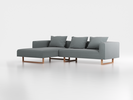 Lounge-Sofa Sereno inkl. 3 Kissen (70x55 cm), B 297 x T 180 cm, Liegeteil links, Kufenfuß, mit Bezug Wollstoff Elverum Grüngrau (84), Eiche
