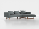 Lounge-Sofa Sereno inkl. 3 Kissen (70x55 cm), B 297 x T 180 cm, Liegeteil rechts, Kufenfuß, mit Bezug Wollstoff Elverum Grüngrau (84), Eiche