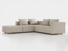 Ecksofa Sereno, 276 x 276 cm, inkl. 4 Kissen (70 x 55 cm), Liegeteil links, Bodennah, mit Bezug Wollstoff Tano Natur Hell (80), Buche