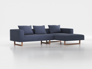 Lounge-Sofa Sereno inkl. 3 Kissen (70x55 cm), B 297 x T 180 cm, Liegeteil rechts, Kufenfuß, mit Bezug Wollstoff Elverum Ozean (75), Eiche
