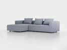 Lounge-Sofa Sereno inkl. 3 Kissen (70x55 cm), B 297 x T 180 cm, Liegeteil links, Bodennah, mit Bezug Wollstoff Elverum Blaugrau (83), Eiche