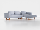 Lounge-Sofa Sereno inkl. 3 Kissen (70x55 cm), B 297 x T 180 cm, Liegeteil rechts, Kufenfuß, mit Bezug Wollstoff Elverum Blaugrau (83), Buche