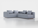 Ecksofa Sereno mit Schlaffunktion inkl. 4 Kissen (70x55 cm), B 300 x T 235 cm, Bodennah, Eckteil links, mit Bezug Wollstoff Elverum Blaugrau (83), Buche