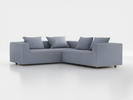 Ecksofa Sereno inkl. 4 Kissen (70x55 cm), Eckteil links, B 276 x T 235 cm, Bodennah, mit Bezug Wollstoff Elverum Blaugrau (83), Eiche