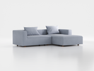 Lounge-Sofa Sereno inkl. 2 Kissen (70x55 cm), B 267 x T 180 cm, Liegeteil rechts, Bodennah, mit Bezug Wollstoff Elverum Blaugrau (83), Eiche