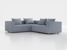 Ecksofa Sereno inkl. 4 Kissen (70x55 cm), Eckteil links, B 276 x T 235 cm, Bodennah, mit Bezug Wollstoff Elverum Blaugrau (83), Buche