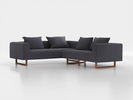 Ecksofa Sereno inkl. 4 Kissen (70x55 cm), Eckteil links, B 276 x T 235 cm, Kufenfuß, mit Bezug Wollstoff Elverum Torfblau (82), Eiche