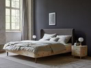 Bett Tonda mit Polsterbetthaupt, Zirbe, Möbelstoff Tano Natur