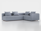 Ecksofa Sereno mit Schlaffunktion inkl. 4 Kissen (70x55 cm), B 300 x T 235 cm, Bodennah, Eckteil rechts, mit Bezug Wollstoff Elverum Blaugrau (83), Buche