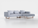 Lounge-Sofa Sereno inkl. 3 Kissen (70x55 cm), B 297 x T 180 cm, Liegeteil rechts, Kufenfuß, mit Bezug Wollstoff Elverum Blaugrau (83), Eiche