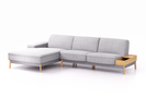 Lounge-Sofa Alani Liegeteil inkl. fixer Armlehne links, 179x300x82 cm, Sitzhöhe 44 cm, Eiche, mit Bezug Wollstoff Stavang Kiesel