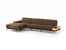 Lounge-Sofa Alani Liegeteil inkl. fixer Armlehne links, 179x340x82 cm, Sitzhöhe 44 cm, Eiche, mit Bezug Wollstoff Kaland Torf