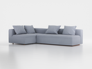 Ecksofa Sereno mit Schlaffunktion inkl. 4 Kissen (70x55 cm), Bodennah, B 300 x T180 cm, Eckteil links, mit Bezug Wollstoff Elverum Blaugrau (83), Buche