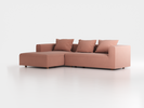 Lounge-Sofa Sereno inkl. 3 Kissen (70x55 cm), B 297 x T 180 cm, Liegeteil links, Bodennah, mit Bezug Wollstoff Elverum Ziegel (85), Eiche