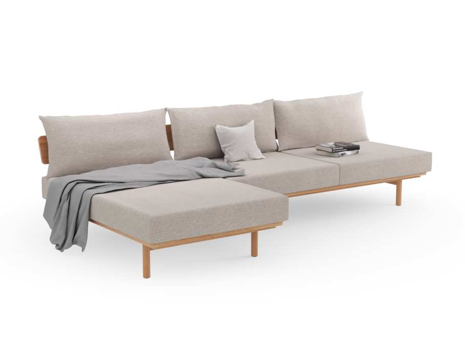 Loungesofa Lana, breit mit Loungeteil, Wollstoff Tano Natur (79), Buche