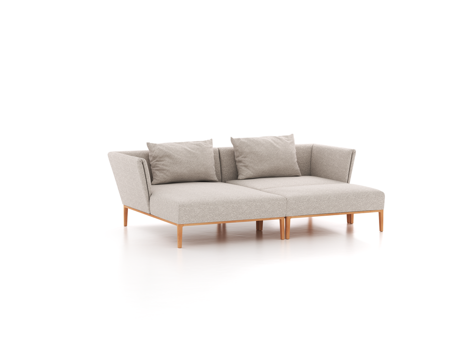 Lounge-Sofa Lorea, B 240 x T 155 cm, Liegeteil links, mit Hocker Lorea, B 109 x T 60 cm, inkl. 2 Kissen (60x85 cm), mit Bezug Wollstoff Tano Natur (79), Buche