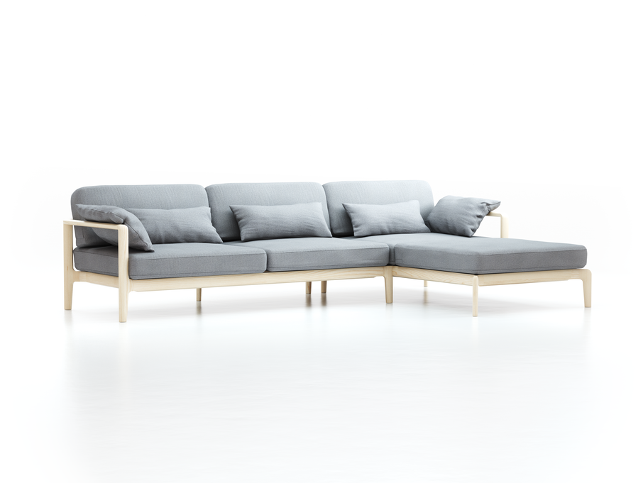 Loungesofa Linera, breit mit Liegeteil rechts, Wollstoff Stavang Kiesel (62), Esche