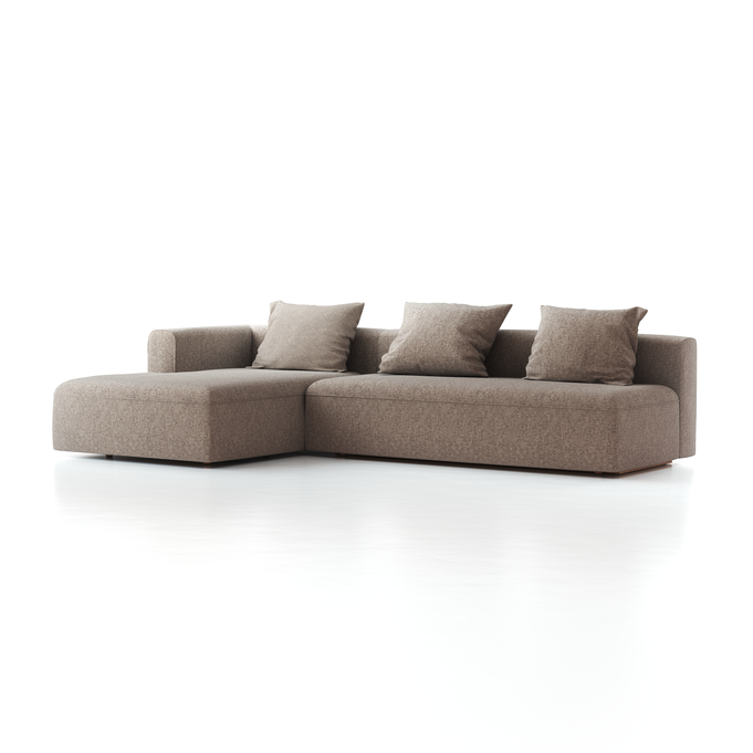 Lounge-Sofa Sereno mit Schlaffunktion inkl. 3 Kissen (70x55 cm), B 320,5 x T 180 cm, Bodennah, Liegeteil links, Buche, mit Bezug Wollstoff Tano Natur (79)