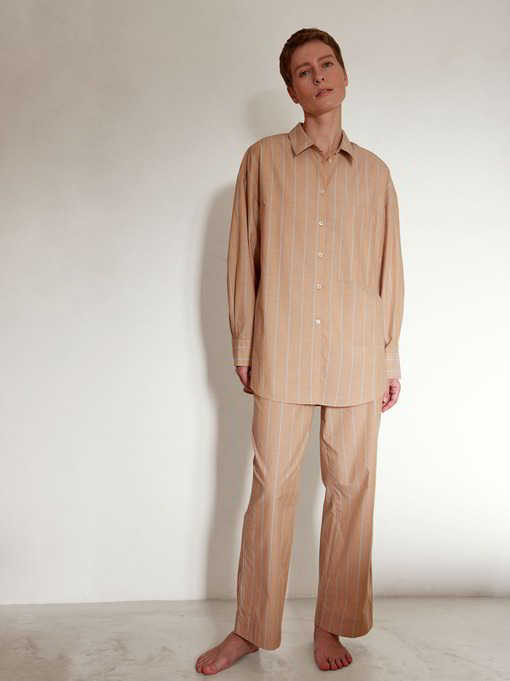 Pyjamahemd & Pyjamahose, camel/blau gestreift