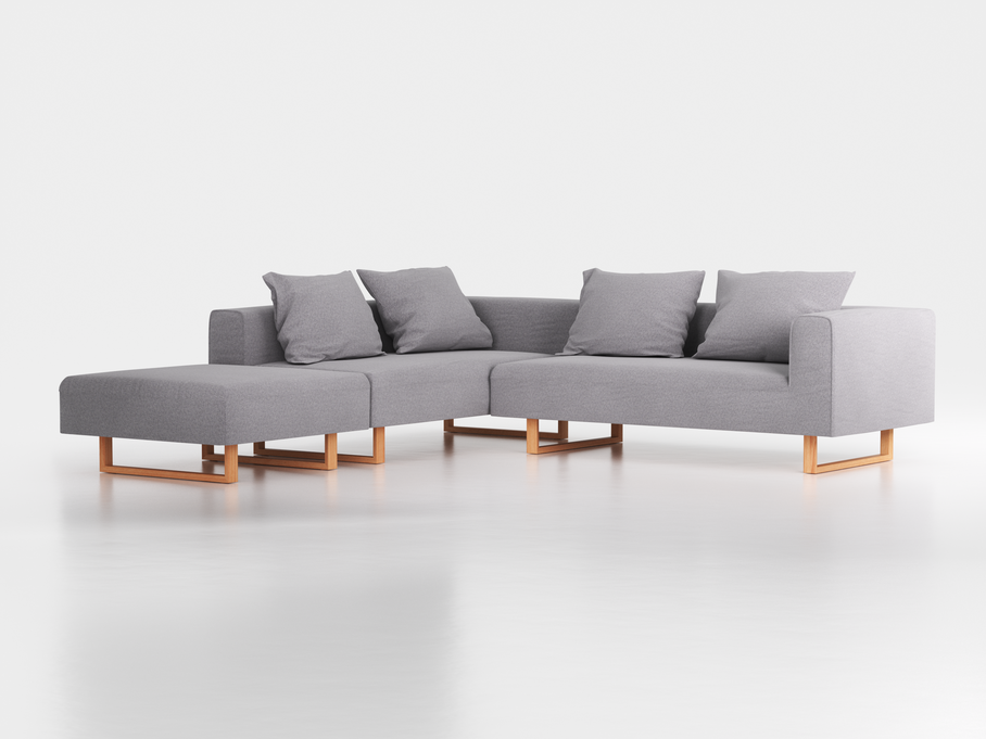 Ecksofa Sereno, 276 x 276 cm, inkl. 4 Kissen (70 x 55 cm), Liegeteil links, Kufenfuß, mit Bezug Wollstoff Kaland Kiesel (68), Buche